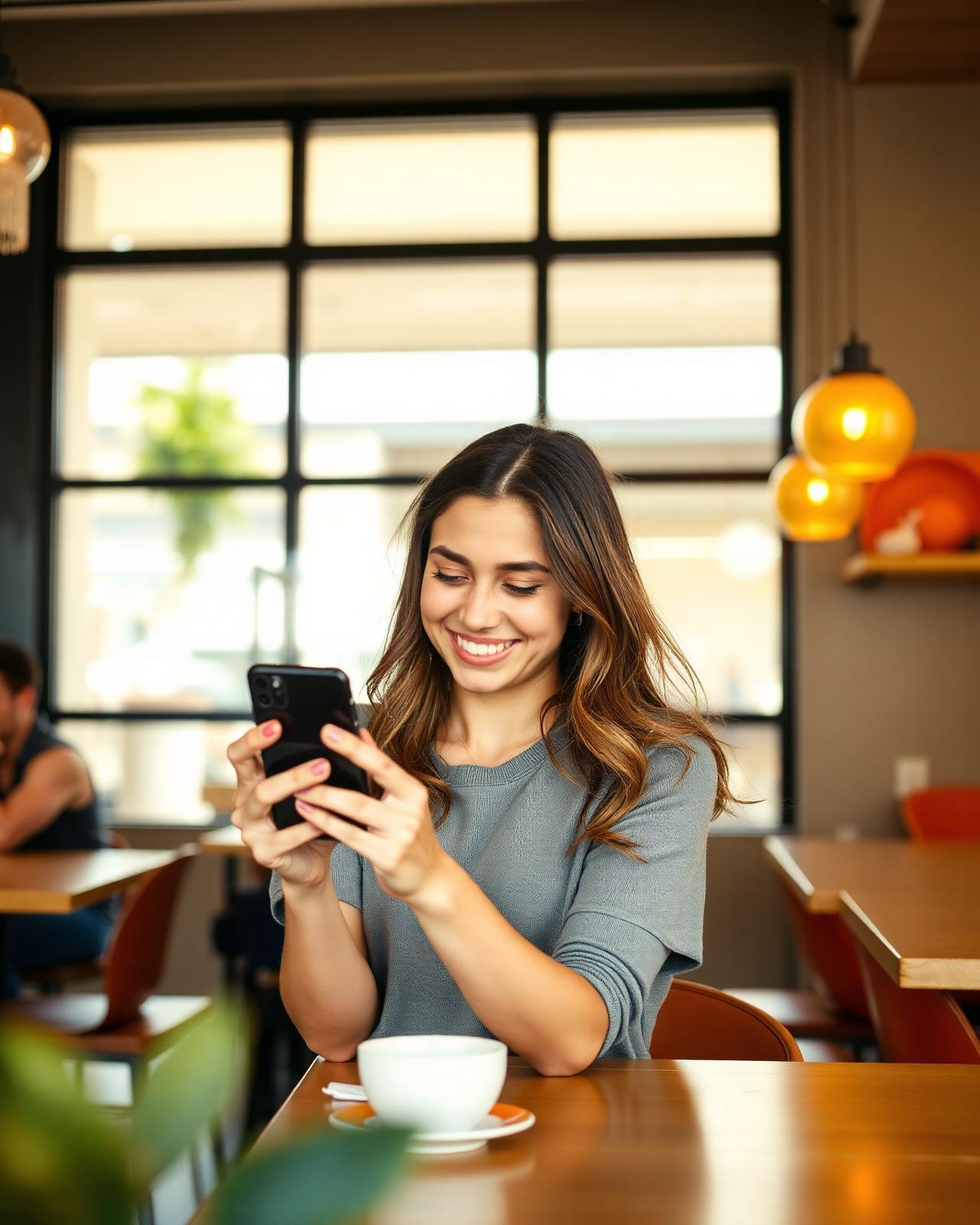Customer smiling while reading a marketing SMS in a café